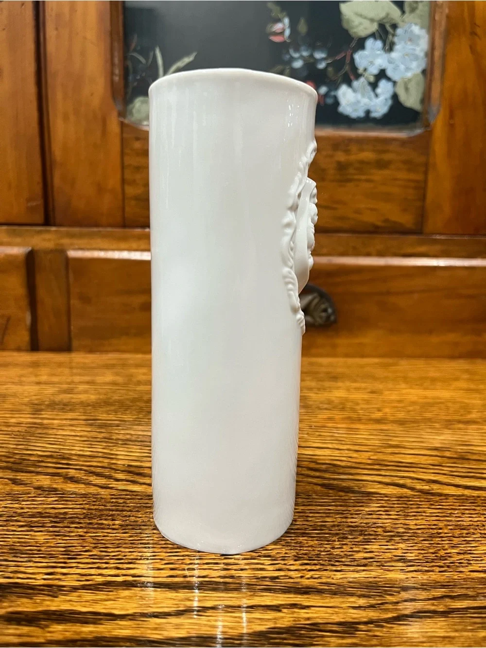 White Ceramic Madonna & Child Vase | Religious Home Decor | Embossed Floral